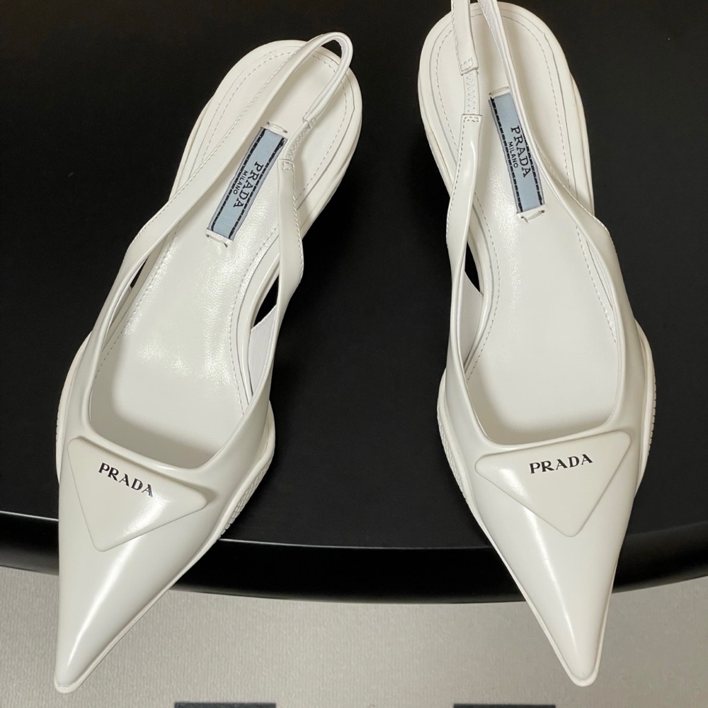 Prada White Triangle Logo Slingback Heels